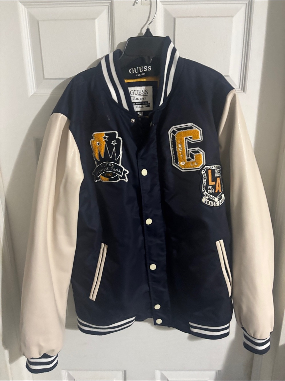 Guess Navy and Cream Varsity Jacket with Yellow Lettering